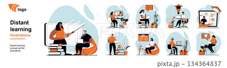 Distant learning concept with people scenes mega set in flat web design. Bundle of character situation with online study, watching webinars, take video lessons and courses. Vector illustrations. Distant learning concept with people scenes mega set in flat web design. Bundle of character situation with online study, watching webinars, take video lessons and courses. Vector illustrations. 134364837