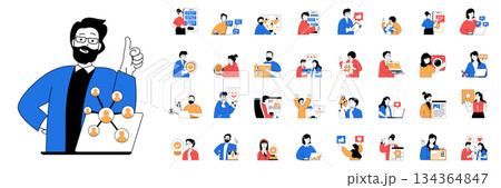 Social network concept with character situations mega set in flat web design. Bundle of scenes people chatting online, browsing, sharing links, likes and comments, making posts. Vector illustrations. Social network concept with character situations mega set in flat web design. Bundle of scenes people chatting online, browsing, sharing links, likes and comments, making posts. Vector illustrations. 134364847