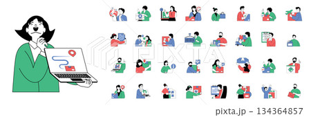 Delivery concept with character situations mega set in flat web design. Bundle of scenes people using global logistic service, tracking parcel route map, using courier shipping. Vector illustrations. 134364857