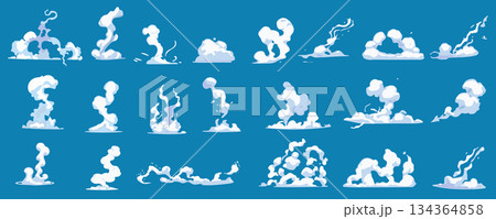 Steam clouds mega set in cartoon graphic design. Bundle elements of white smoke motions with fluffy trails, cloudy vapour shape and wind speed comic effects. Vector illustration isolated objects 134364858