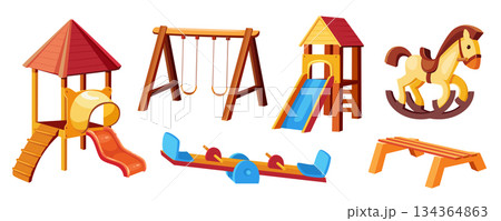 Child playground mega set in cartoon graphic design. Bundle elements of outdoor wooden swings, houses with ladders and slides, wood horse, bench, balance carousel. Vector illustration isolated objects 134364863