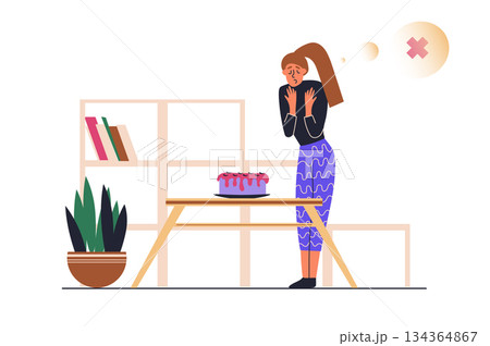 Diet with not sweet program web concept with people scene in flat design. Woman follows sugar free diet and refuses cakes and not eat sweets. Vector illustration with character situation for web 134364867