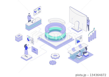 Data analysis isometric concept in outline isometry design for web. People studying diagram and chart, researching statistics for financial reports, analyzing graph dashboard. Vector illustration. Data analysis isometric concept in outline isometry design for web. People studying diagram and chart, researching statistics for financial reports, analyzing graph dashboard. Vector illustration. 134364872