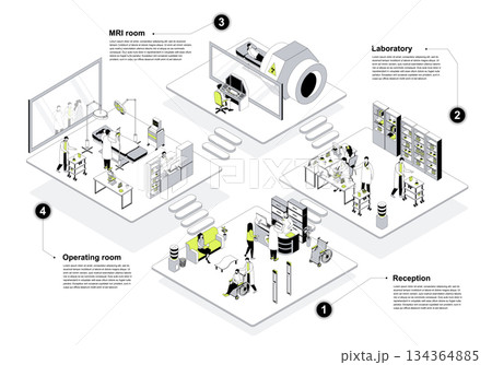 Hospital 3d isometric concept in outline design for web. People in isometry rooms waiting in clinic reception, doctors work at operating, MRI cabinet or laboratory department. Vector illustration. Hospital 3d isometric concept in outline design for web. People in isometry rooms waiting in clinic reception, doctors work at operating, MRI cabinet or laboratory department. Vector illustration. 134364885