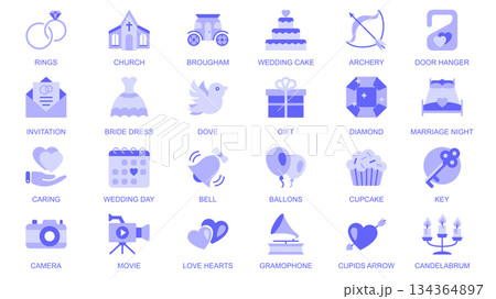 Wedding web icons set in duotone flat design. Pack pictograms with rings, church, brougham, cake, archery, invitation, bride dress, dove, gift, love hearts, marriage night, other. Vector illustration. Wedding web icons set in duotone flat design. Pack pictograms with rings, church, brougham, cake, archery, invitation, bride dress, dove, gift, love hearts, marriage night, other. Vector illustration. 134364897