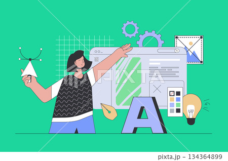 Web designing concept in modern flat design. Woman creating new interface layout, editing wireframe template and working with project. Vector illustration for social media banner, marketing material. Web designing concept in modern flat design. Woman creating new interface layout, editing wireframe template and working with project. Vector illustration for social media banner, marketing material. 134364899
