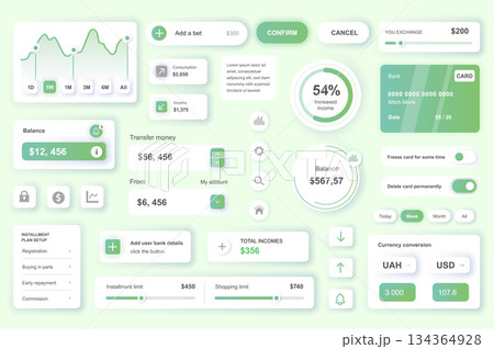 User interface elements set for Banking mobile app or web. Kit template with HUD, credit card management, income balance data, money transfer, online account. Pack of UI, UX, GUI. Vector components. User interface elements set for Banking mobile app or web. Kit template with HUD, credit card management, income balance data, money transfer, online account. Pack of UI, UX, GUI. Vector components. 134364928