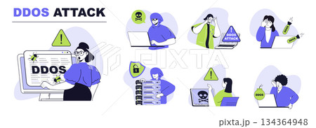 DDoS attack concept set for web design. Collection with people suffering from danger overload network traffic, hacker digital bombs and viruses. Flat vector illustration isolated on white background. 134364948