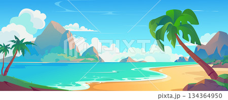 Sea beach background banner in cartoon design. Tropical sand lagoon landscape with palm trees, mountain rocks with day clouds, ocean waves. Summertime seaside idyllic view. Vector cartoon illustration 134364950