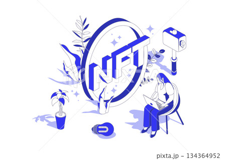NFT token 3d isometric concept in isometry graphic design for web. People scene with woman trading digital arts with non-fungible tokens at cryptocurrency marketplace online. Vector illustration. 134364952