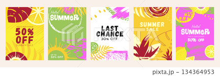 Summer sale cover brochure set in trendy flat design. Summertime banner templates with decorative palm tree leaves, simple lemon and pineapple, blots, shopping promotion offers. Vector illustration. Summer sale cover brochure set in trendy flat design. Summertime banner templates with decorative palm tree leaves, simple lemon and pineapple, blots, shopping promotion offers. Vector illustration. 134364953