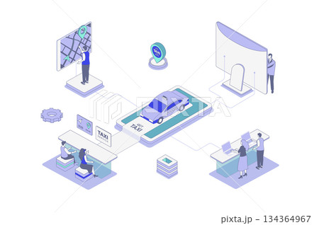 Taxi service isometric concept in outline isometry design for web. People ordering car online with mobile app or computer, passenger tracking route at digital map in application. Vector illustration. Taxi service isometric concept in outline isometry design for web. People ordering car online with mobile app or computer, passenger tracking route at digital map in application. Vector illustration. 134364967