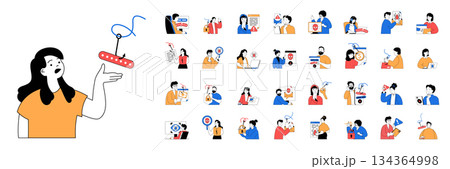 Phishing concept with character situations mega set in flat web design. Bundle of scenes people getting spam emails, personal data phishing and hacking accounts, searching bugs. Vector illustrations. 134364998