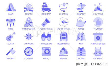 Camping web icons set in duotone flat design. Pack pictograms with camp, bonfire, road, trip, location, signpost, mountains, grill, orienteering, travel, kettle, compass, other. Vector illustration. Camping web icons set in duotone flat design. Pack pictograms with camp, bonfire, road, trip, location, signpost, mountains, grill, orienteering, travel, kettle, compass, other. Vector illustration. 134365022