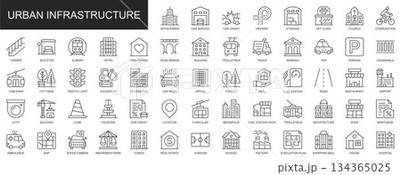 Urban infrastructure web icons set in thin line design. Pack of skyscraper, car service, highway, clinic, ladder, hotel, subway, shelter, park, other outline stroke pictograms. Vector illustration. 134365025