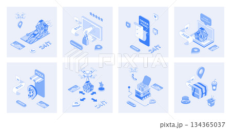 Food delivery 3d isometric concept set with isometric icons design for web. Collection of online pizza restaurant ordering, grocery bags transportation, fast courier shipping. Vector illustration 134365037