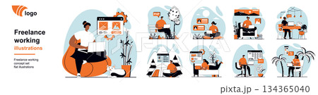 Freelance working concept with people scenes mega set in flat web design. Bundle of character situation with remote workers doing tasks online from home offices and locations. Vector illustrations. 134365040