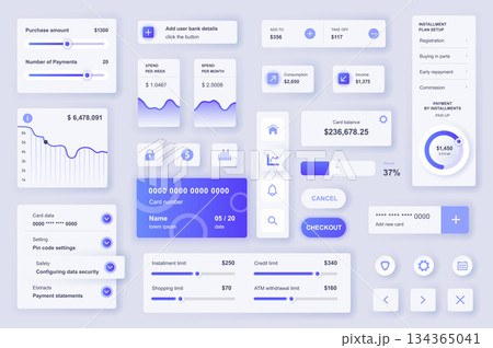 User interface elements set for Banking mobile app or web. Kit template with HUD, financial statistic and management, credit card balance, limits, payments. Pack of UI, UX, GUI. Vector components. User interface elements set for Banking mobile app or web. Kit template with HUD, financial statistic and management, credit card balance, limits, payments. Pack of UI, UX, GUI. Vector components. 134365041