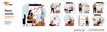 Stock market concept with people scenes mega set in flat web design. Bundle of character situation with monitoring financial data, buy or sell with success investment strategy. Vector illustrations. Stock market concept with people scenes mega set in flat web design. Bundle of character situation with monitoring financial data, buy or sell with success investment strategy. Vector illustrations. 134365048