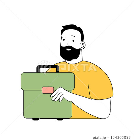 Beauty salon concept with cartoon people in flat design for web. Man works as stylist and holds cosmetic bag with makeup products. Vector illustration for social media banner, marketing material. 134365055