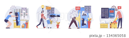 Web development concept with people scenes set in flat design. Collection of character situation with developers creating and programming wireframe app interfaces with content. Vector illustrations. Web development concept with people scenes set in flat design. Collection of character situation with developers creating and programming wireframe app interfaces with content. Vector illustrations. 134365058