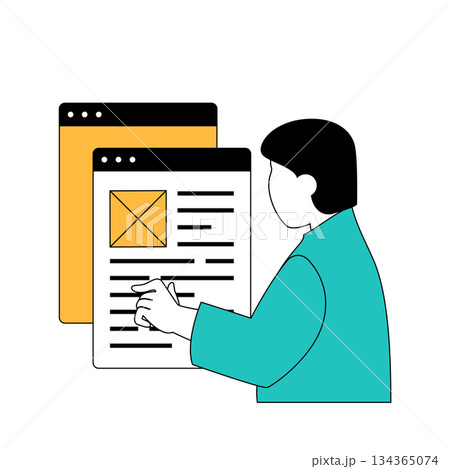 Marketing and development concept with cartoon people in flat design for web. Man creating email messages for business mailing. Vector illustration for social media banner, marketing material. 134365074