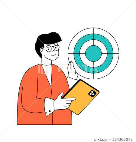 Marketing and development concept with cartoon people in flat design for web. Man researching market, targeting for product release. Vector illustration for social media banner, marketing material. 134365075