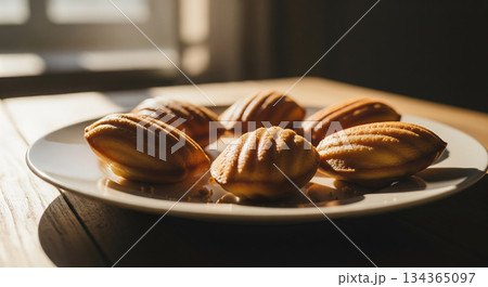 Madeleines on White Plate Lit by Afternoon Sun 134365097