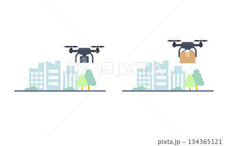 都市景観と空撮ドローンと配送ドローン 134365121