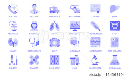 Medical healthcare web icons set in duotone flat design. Pack pictograms with doctor, ambulance, liver, pharmacy, nurse, lungs, diagnostic, thermometer, x-ray, help, pills, other. Vector illustration. Medical healthcare web icons set in duotone flat design. Pack pictograms with doctor, ambulance, liver, pharmacy, nurse, lungs, diagnostic, thermometer, x-ray, help, pills, other. Vector illustration. 134365194