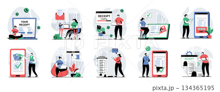 Electronic receipt web concept with people scenes mega set in flat design. Bundle of character situations with paying online check, client gets invoice, making bank transactions. Vector illustrations. 134365195