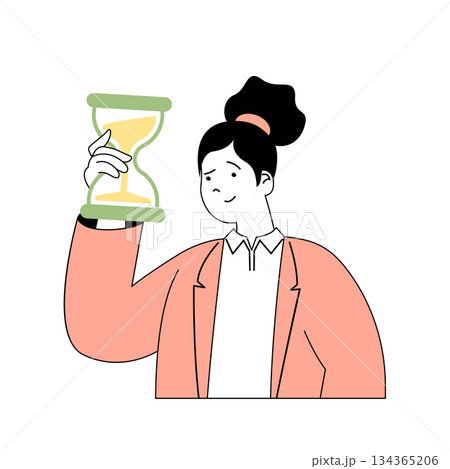 Time management concept with cartoon people in flat design for web. Woman holds hourglass and organizes efficiency work at company. Vector illustration for social media banner, marketing material. Time management concept with cartoon people in flat design for web. Woman holds hourglass and organizes efficiency work at company. Vector illustration for social media banner, marketing material. 134365206