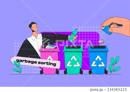 Waste management concept in modern flat design for web. Man collecting and sorting garbage in different trash bin for recycling plant. Vector illustration for social media banner, marketing material. 134365223