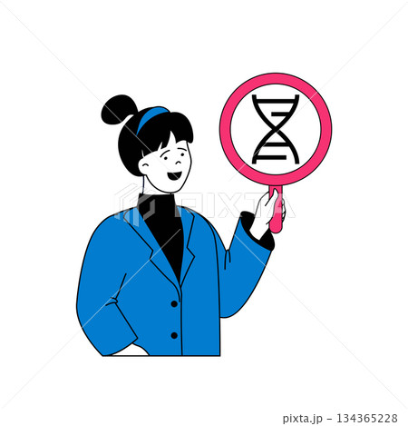 Medical concept with cartoon people in flat design for web. Woman with magnifier doing scientific research of dna in laboratory. Vector illustration for social media banner, marketing material. Medical concept with cartoon people in flat design for web. Woman with magnifier doing scientific research of dna in laboratory. Vector illustration for social media banner, marketing material. 134365228