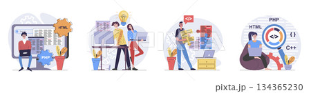 Programmers concept with people scenes set in flat web design. Collection of character situation with developers working with code, creating programs, engineering new software. Vector illustrations. 134365230