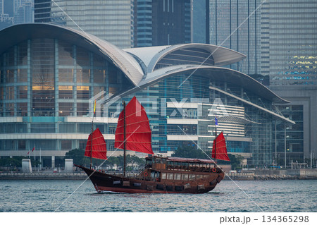 Hong Kong harbour in sunset time Hong Kong harbour in sunset time 134365298