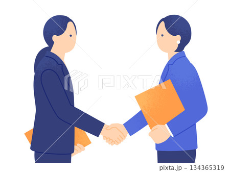 信頼し合うリーダー2人の握手シーン。女性ビジネスパーソン、合意のイラスト素材。 134365319