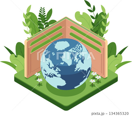 Isometric Earth Inside an Open Wallet with Plants 134365320