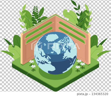 Isometric Earth Inside an Open Wallet with Plants 134365320