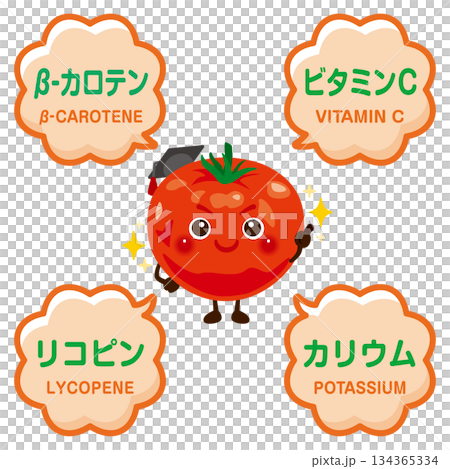 トマトのキャラクターとトマトに含まれる成分イラスト トマトのキャラクターとトマトに含まれる成分イラスト 134365334