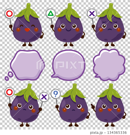 Eggplant character holding a circle, circle, triangle, or triangle card Eggplant character holding a circle, circle, triangle, or triangle card 134365336