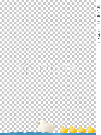 A gentle illustration of a mother and baby duck swimming side by side in a watercolor style 134365539