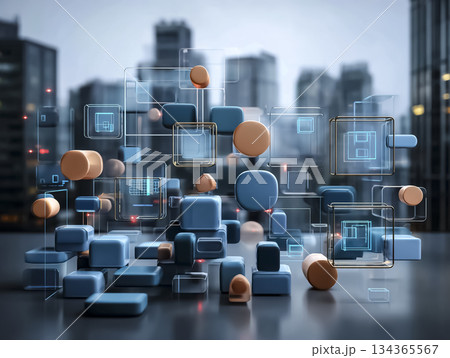 近未来都市に浮かぶジオメトリック構造体（デジタル空間イメージ背景） 134365567