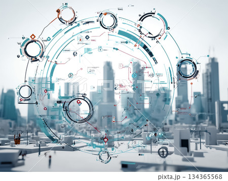 都市を可視化する円形デジタルインターフェース（未来テクノロジー背景） 134365568