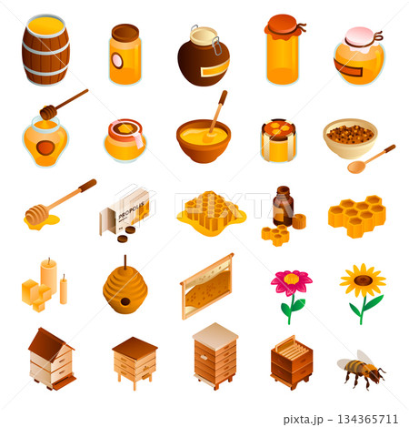 Honey icon set, isometric style Honey icon set, isometric style 134365711