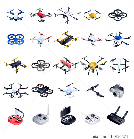 Drone icon set, isometric style Drone icon set, isometric style 134365713