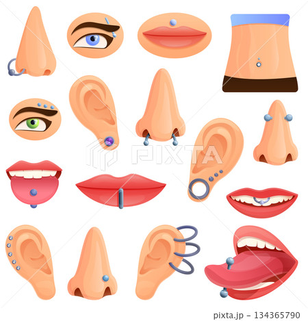 Piercing icons set, cartoon style 134365790