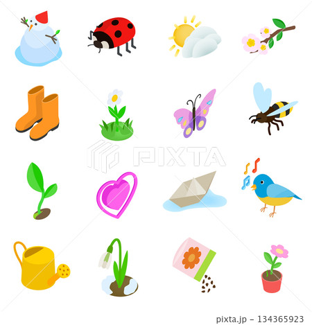 Spring elemets icons set, isometric 3d style 134365923