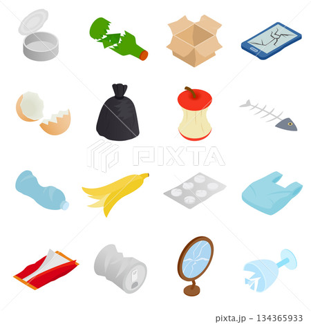 Waste and garbage icons set, isometric 3d style Waste and garbage icons set, isometric 3d style 134365933
