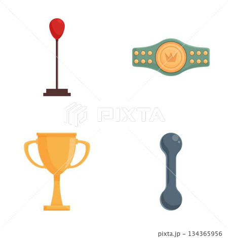 Game achievement icons set trophy, medal, pin, weights Game achievement icons set trophy, medal, pin, weights 134365956